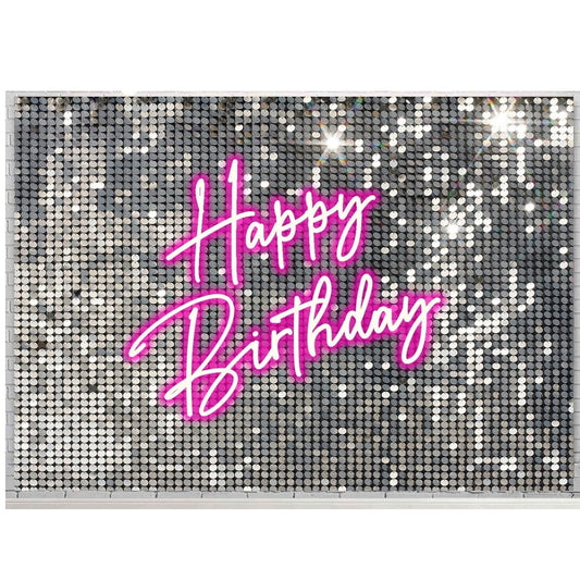 Silver Sequin Pink Neon Happy Birthday Photo Backdrop 8ft × 6ft Party Decoration
