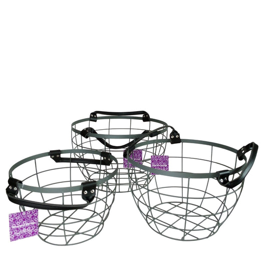 3-Pack Gray Wire Storage Baskets w/ Faux Leather Handles – 3‑Pk – 12", 14", 16"