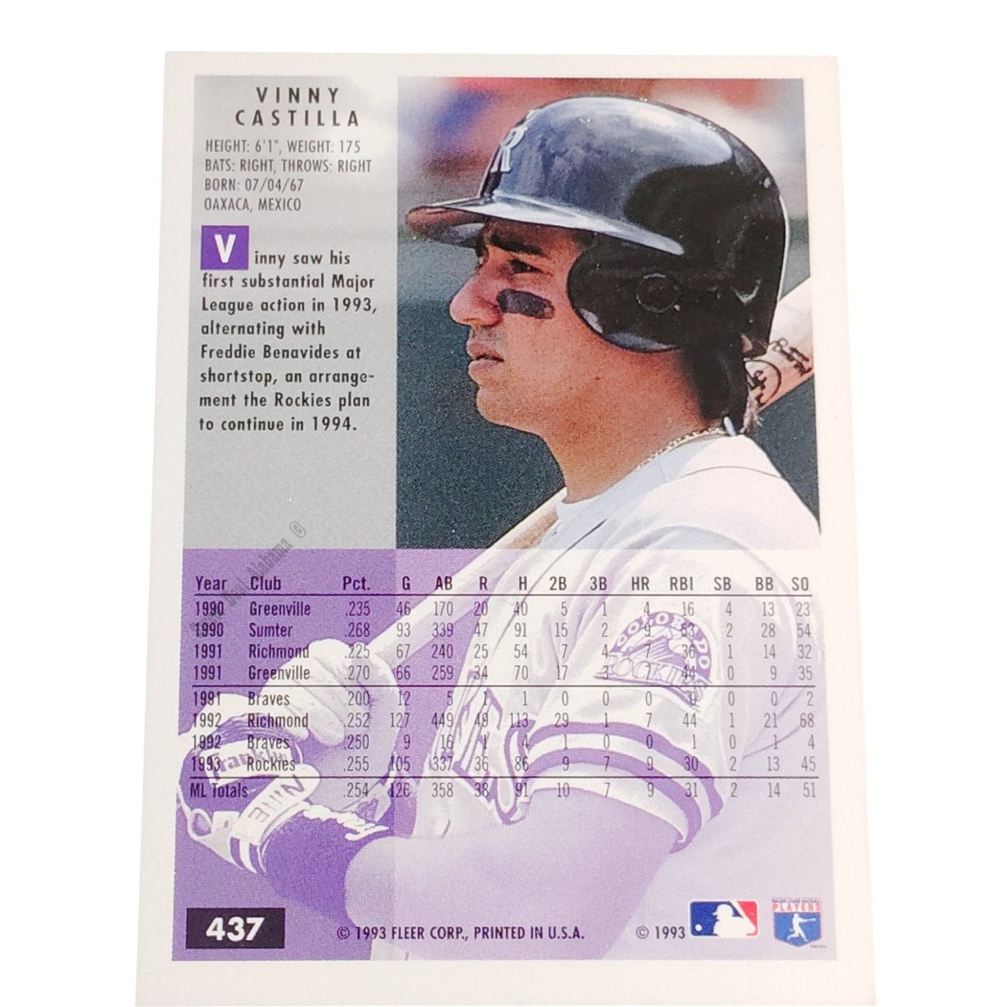 Vinny Castilla, Colorado Rockies, #437, 1994 Fleer Baseball Collector's Card
