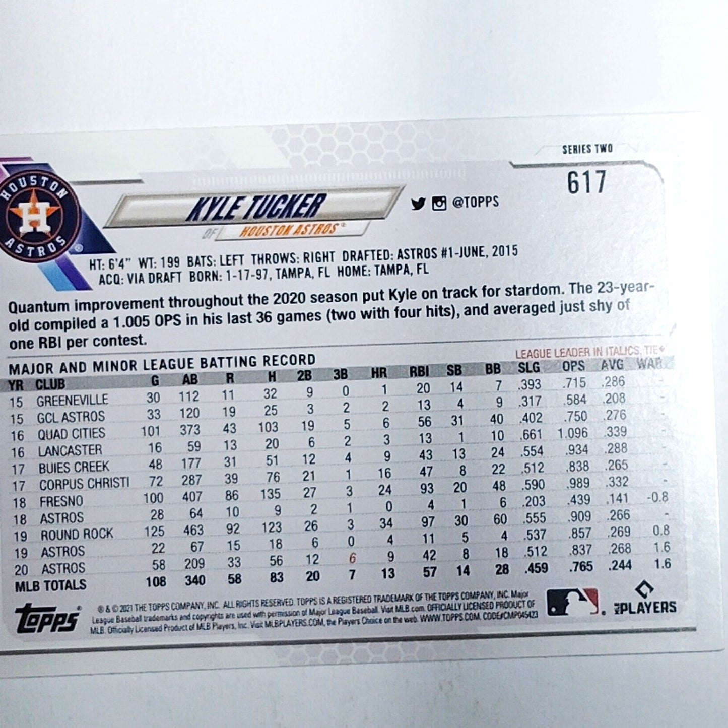 2021 Topps Series 2 #617 Kyle Tucker Houston Astros Outfielder - VG/EX