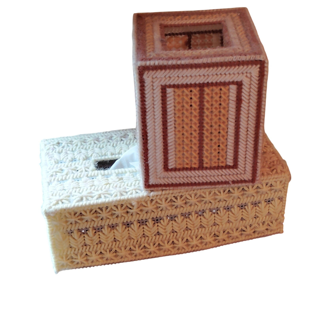 2-PCs - Vintage 1970s Handmade Plastic Canvas Tissue Box Covers – 2‑Piece Lot