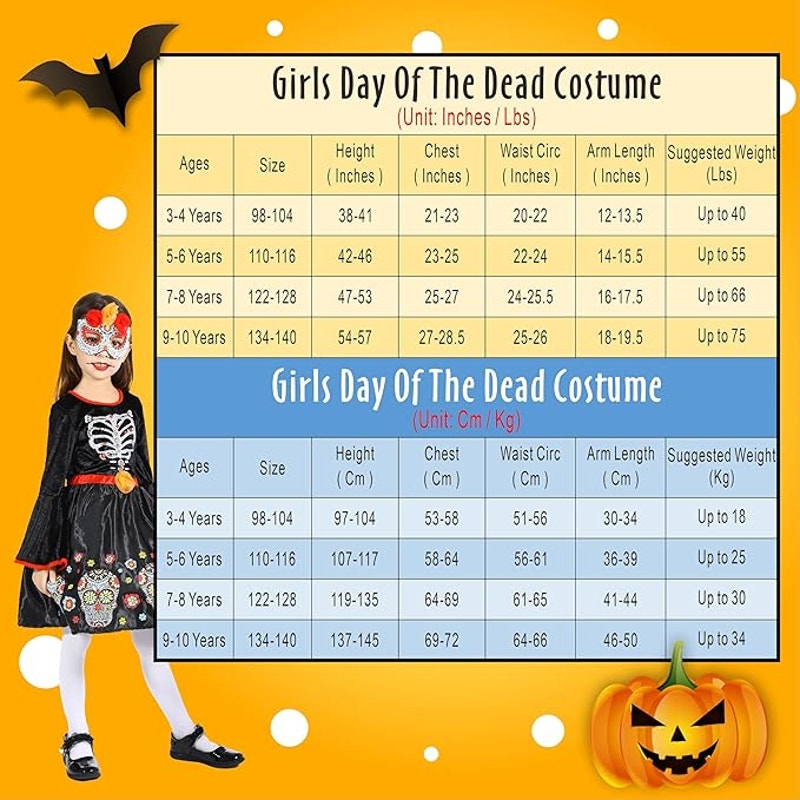 Girls Day of the Dead Skeleton Dress – Size 7‑8 – Skull Print Halloween Costume
