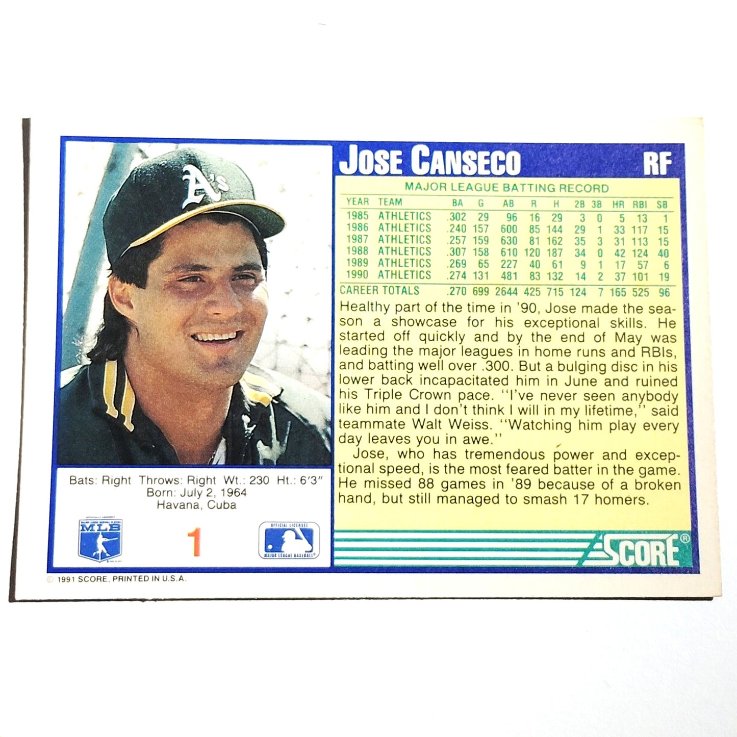 1991 Score Jose Canseco #1 Oakland Athletics Outfielder MLB Baseball Card NM