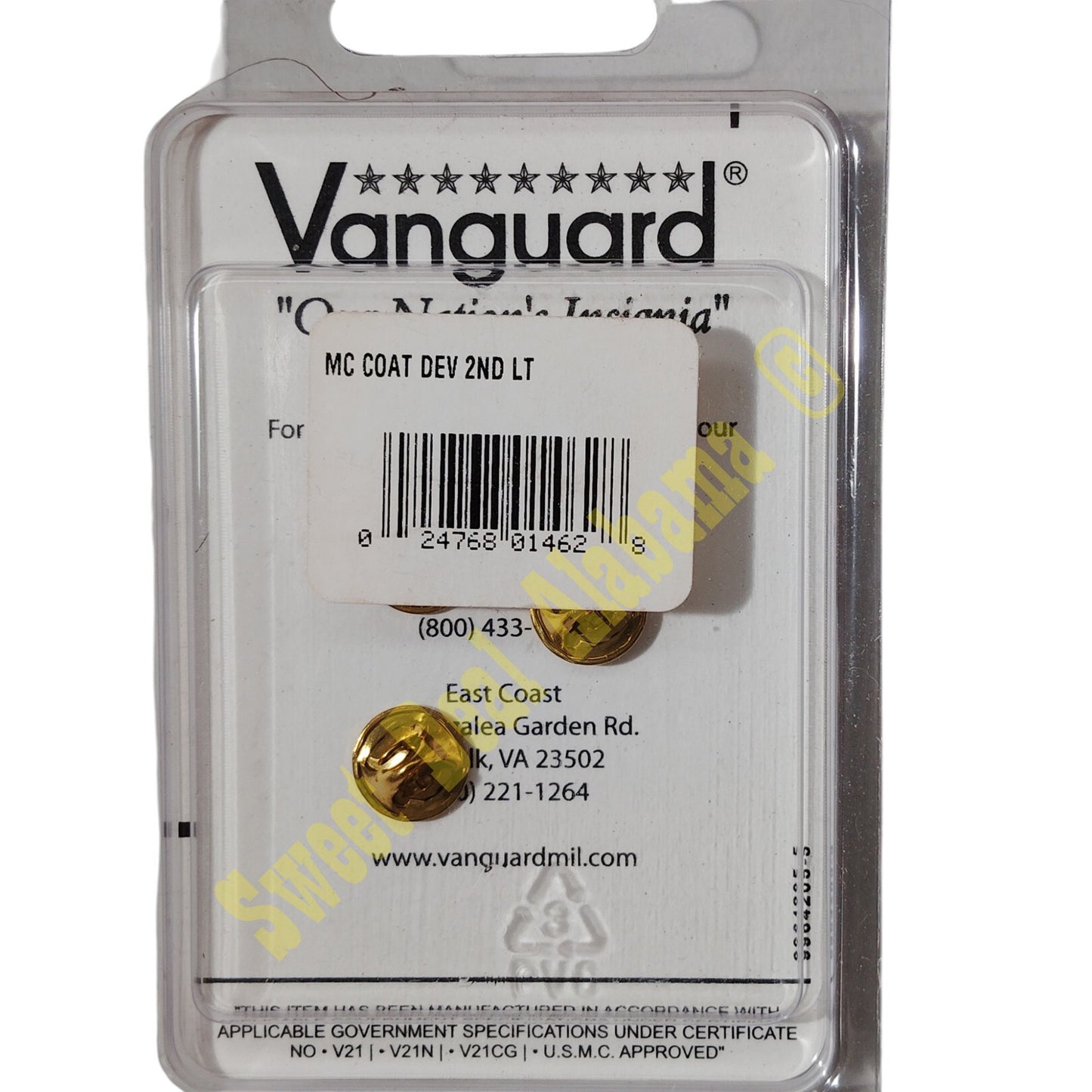 Vanguard Insignia Pin Set: Second Lieutenant 1-1/8" x 5/16" (Coat Rank Device)