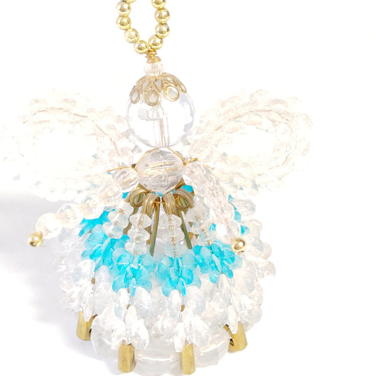 VTG Beaded Safety Pin Angel Ornament 4" Gold Tone Aquamarine Accents