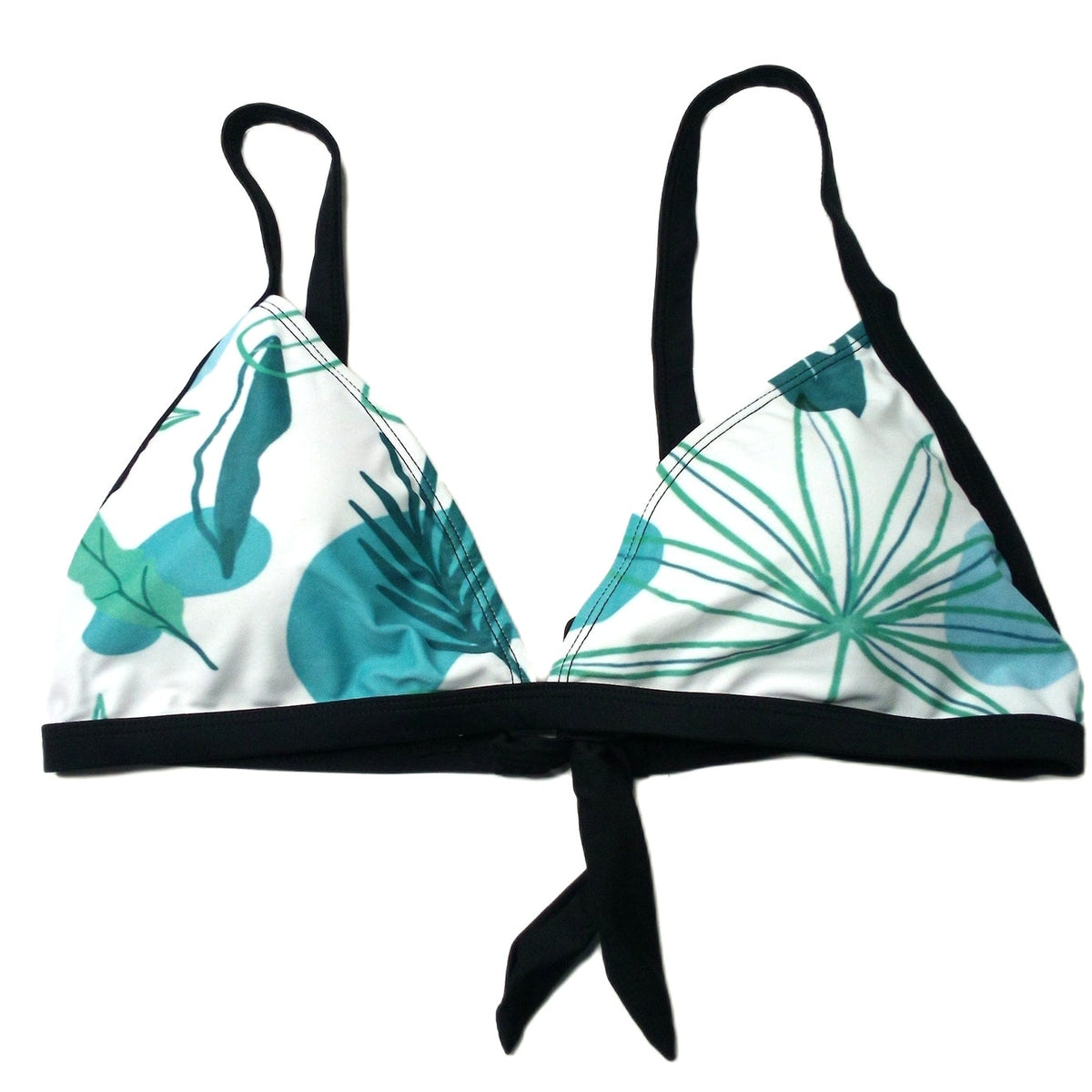 Women's Teal White Tropical Leaf Triangle Halter Bikini Top Swimwear XL