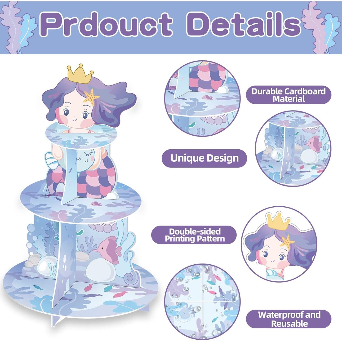 Mermaid 3-Tier Cupcake Stand with 24 Toppers – for Birthday or Baby Shower