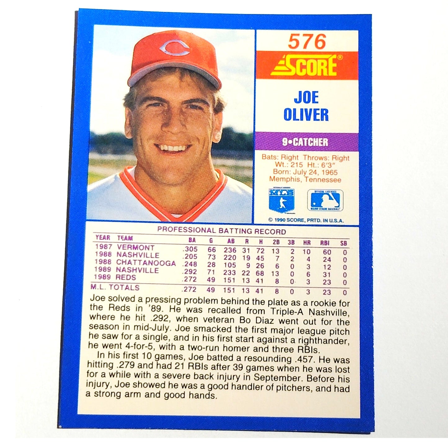 1990 Score Joe Oliver #576 Cincinnati Reds Catcher MLB Baseball EX