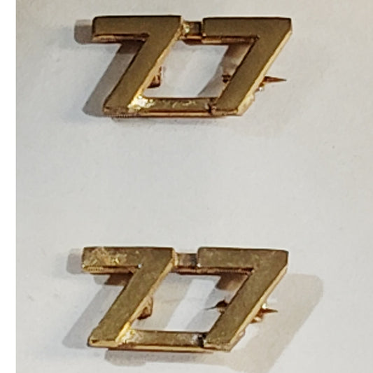 Early/Mid 1900s Brass C-Clasp "77" Collar Devices 3/8"H Hat / Lapel Pins Set