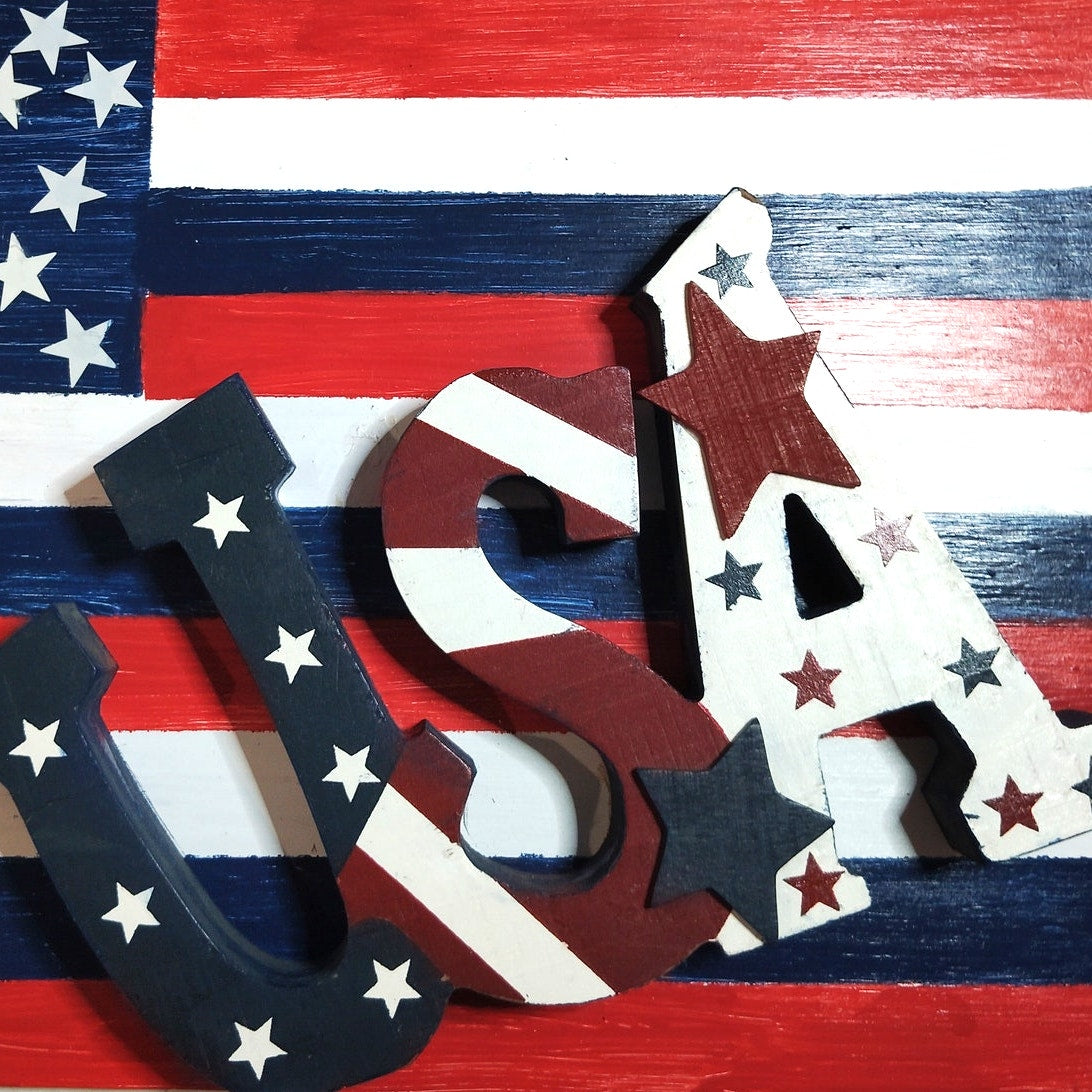 Handmade Rustic Wood USA Flag Plaque Patriotic Wall Decor 13.5x10.25