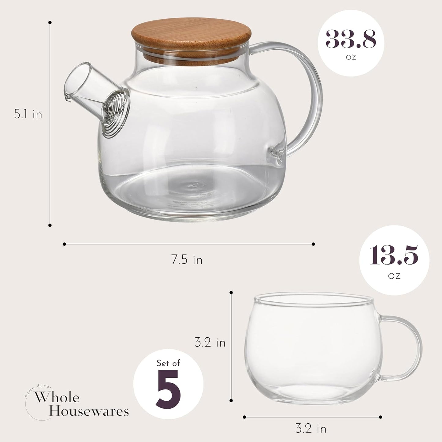 Whole Housewares Glass Teapot Set w/ Bamboo Lid + 4 Mugs | Microwave Safe