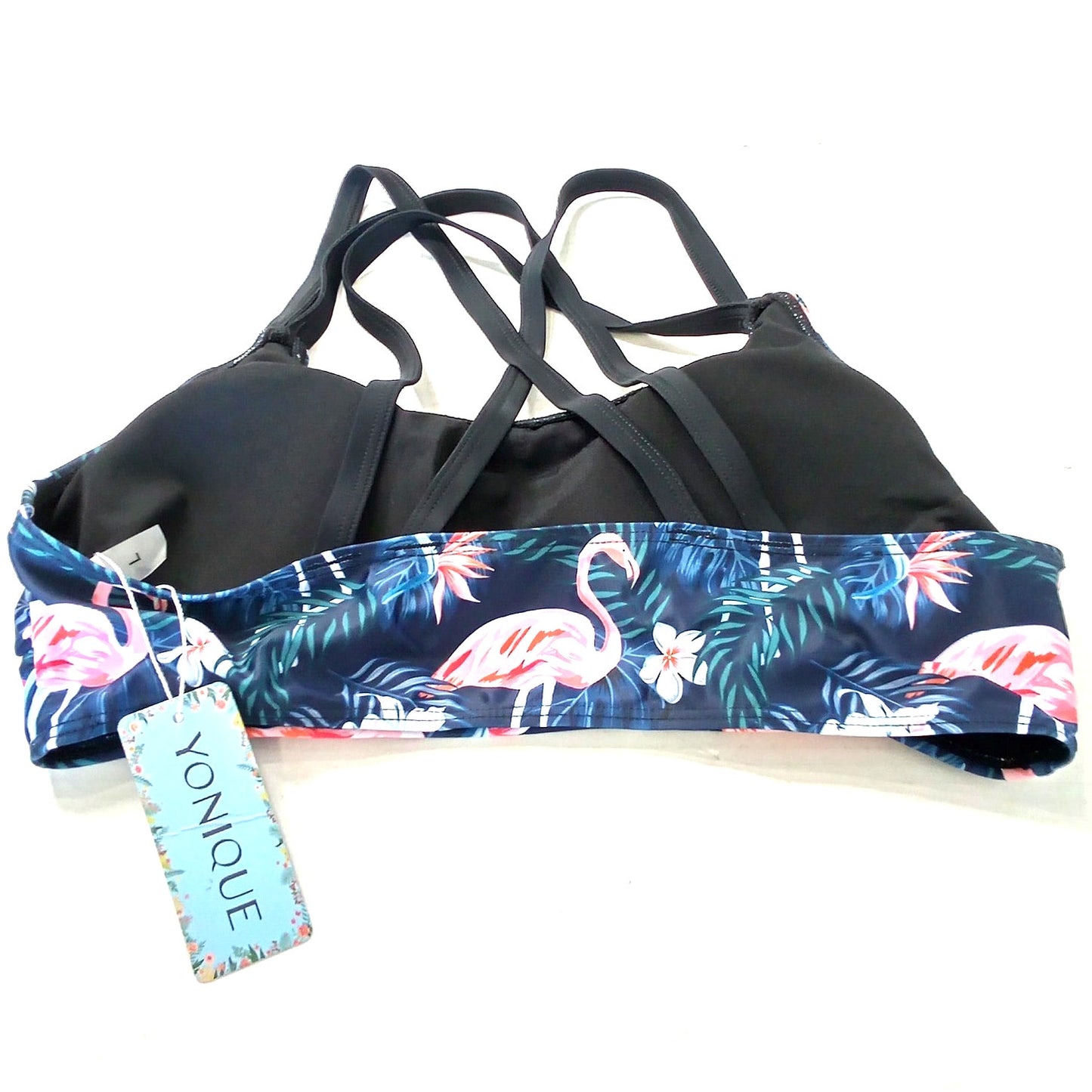 Yonique Black Flamingo Sports Bra Swim Top Crossback Scoop Neck L Padded