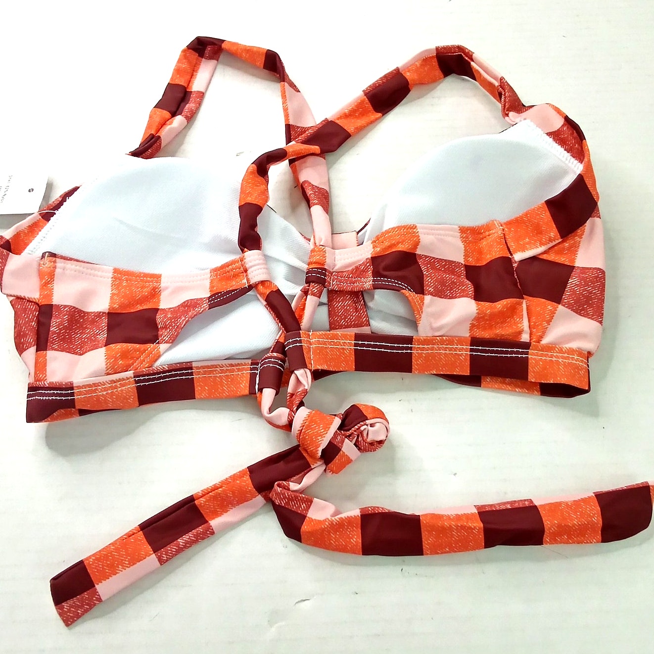 Futurino Vintage 50s Plaid Halter Bikini Top Retro Swim Ruffle Buttons Small