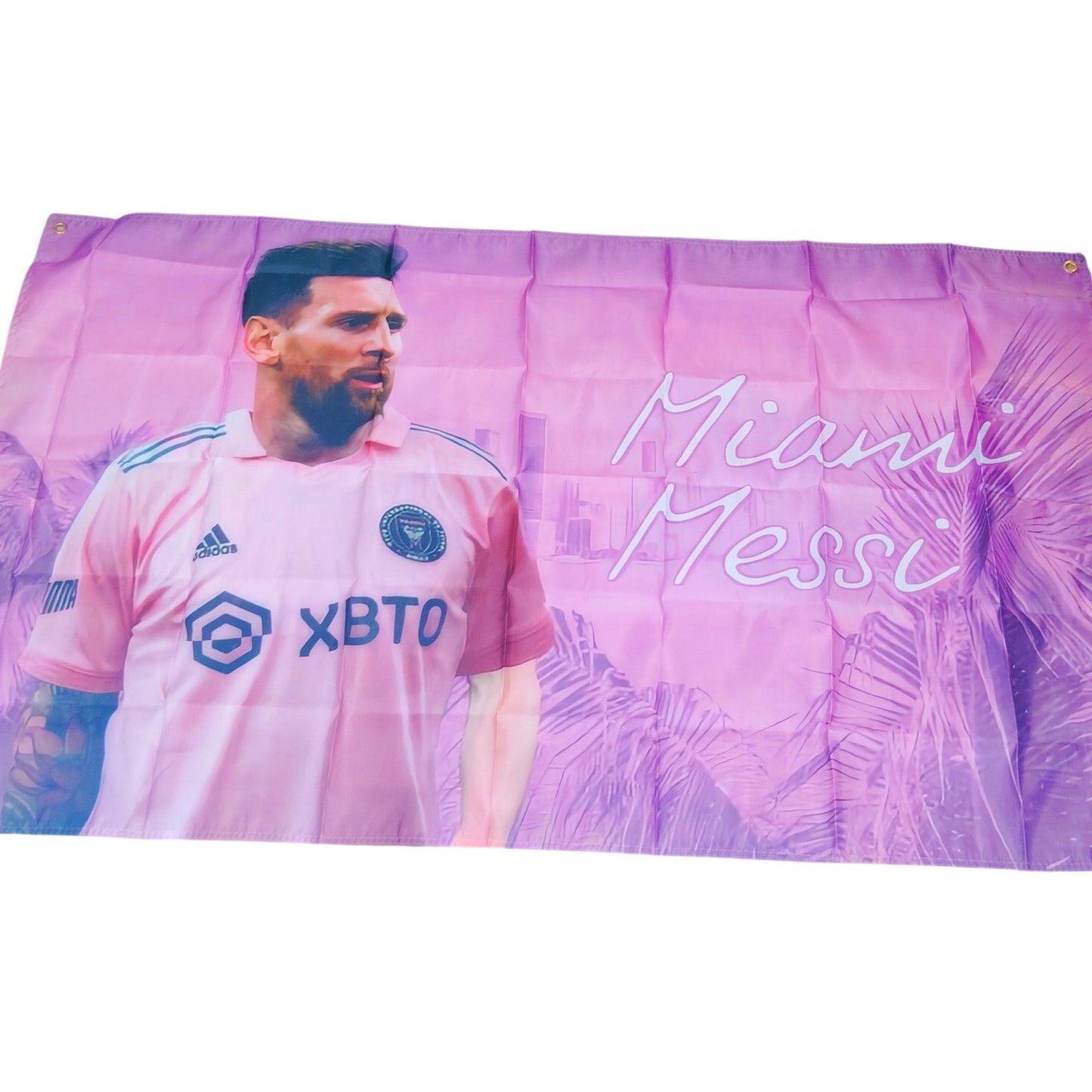 Messi Miami Soccer Flag 3×5 ft Pink/Purple Banner Canvas Header Brass Grommets