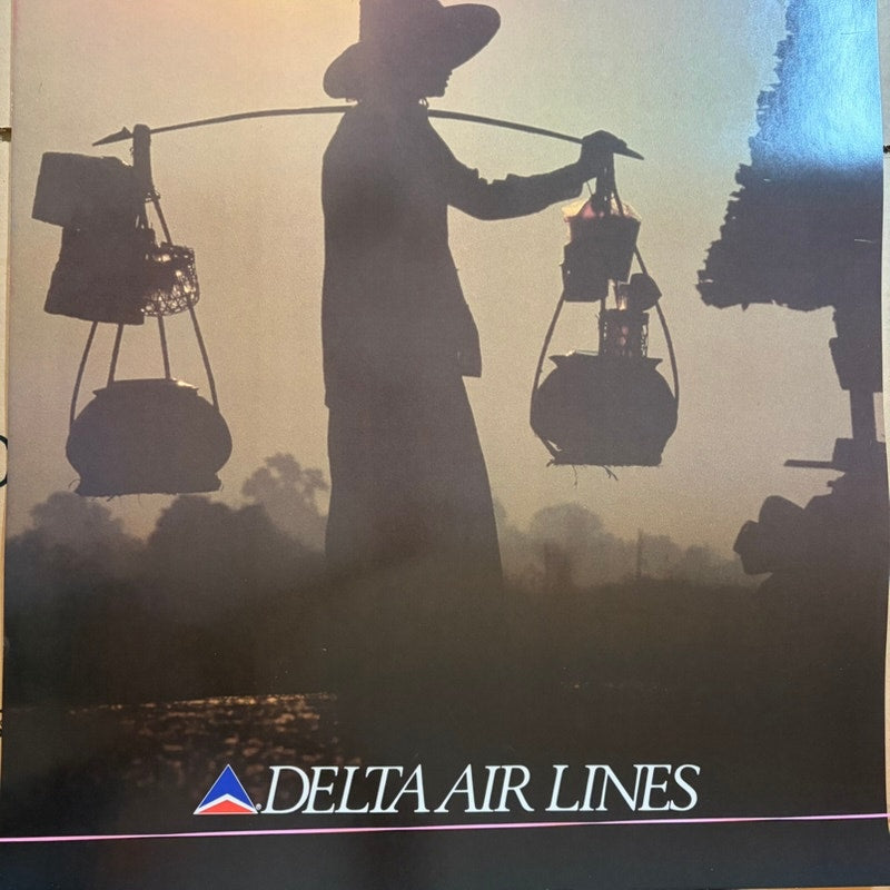 Vintage Delta Air Lines Bangkok Travel Poster 28x22 - Brown & Yellow Airline Art