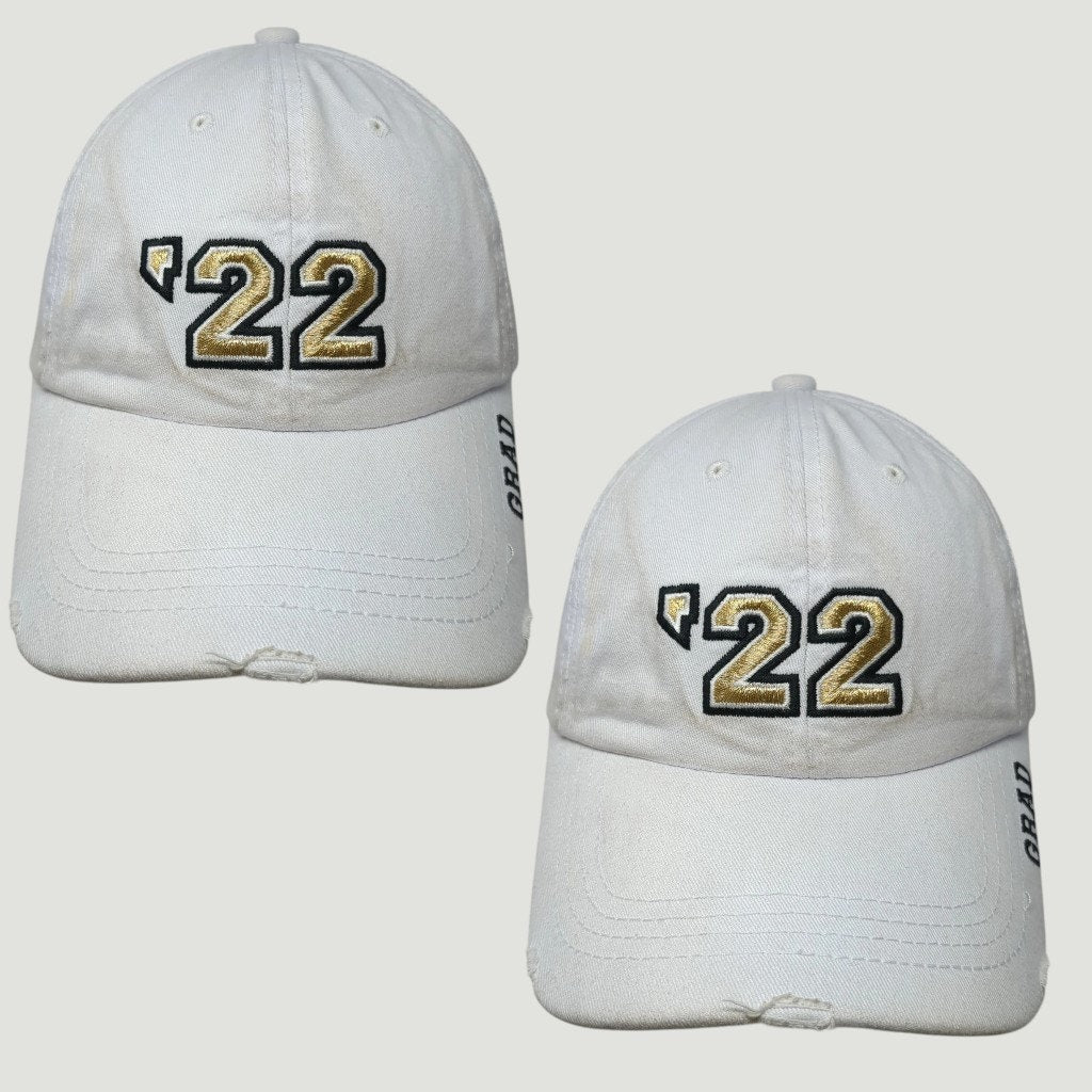 Claire’s Embroidered ’22 Grad Slideback Baseball Cap – 2‑Pack – White/Gold/Black