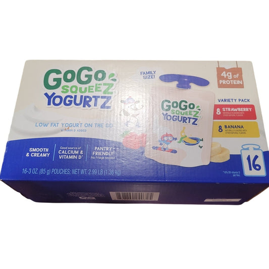 GoGo SqueeZ Kids' YogurtZ Variety Pack – Strawberry & Banana, 16ct, EXP 3/4/26