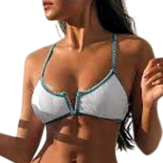 Zaful White Ribbed Triangle Bikini Top Blue Whip Stitch Trim Women’s SM (US 4)