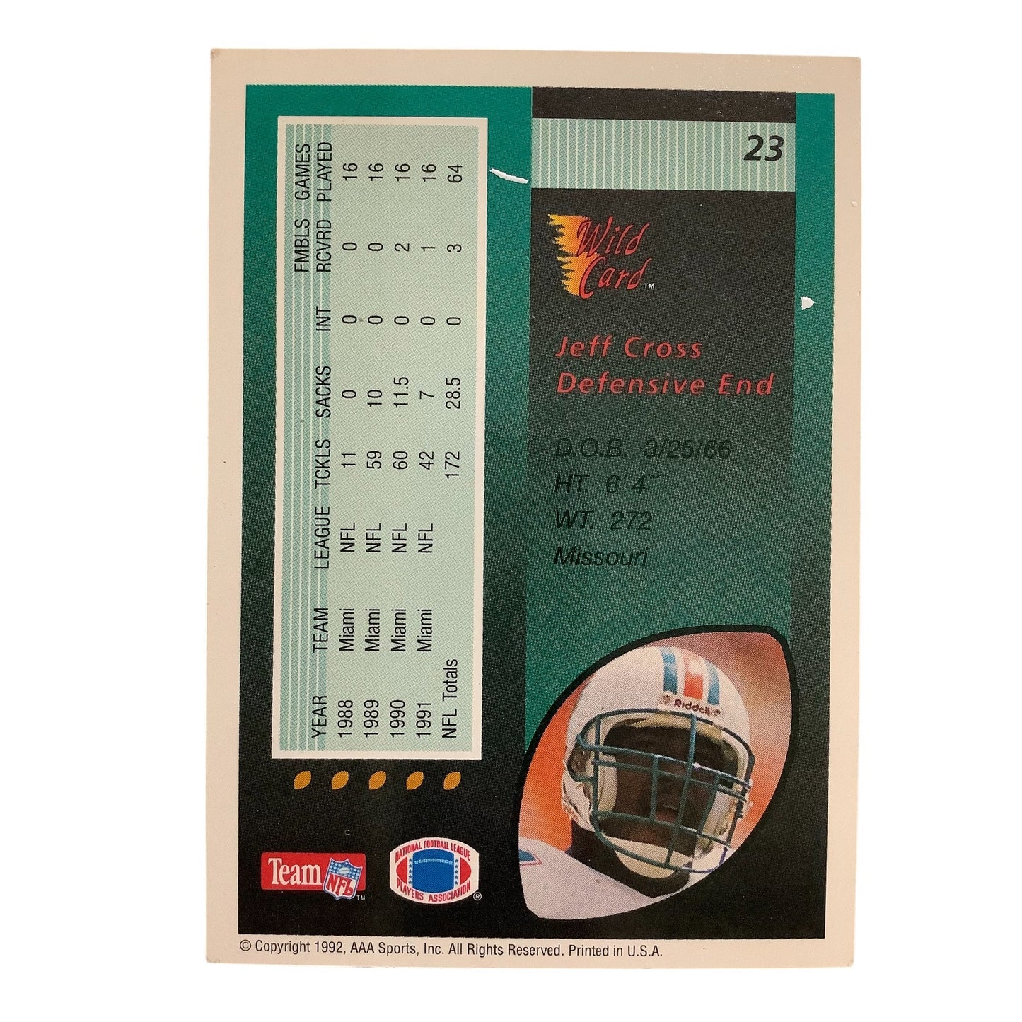 Jeff Cross, Miami Dolphins, 1992 AAA Sports Wild Card 23, EXC