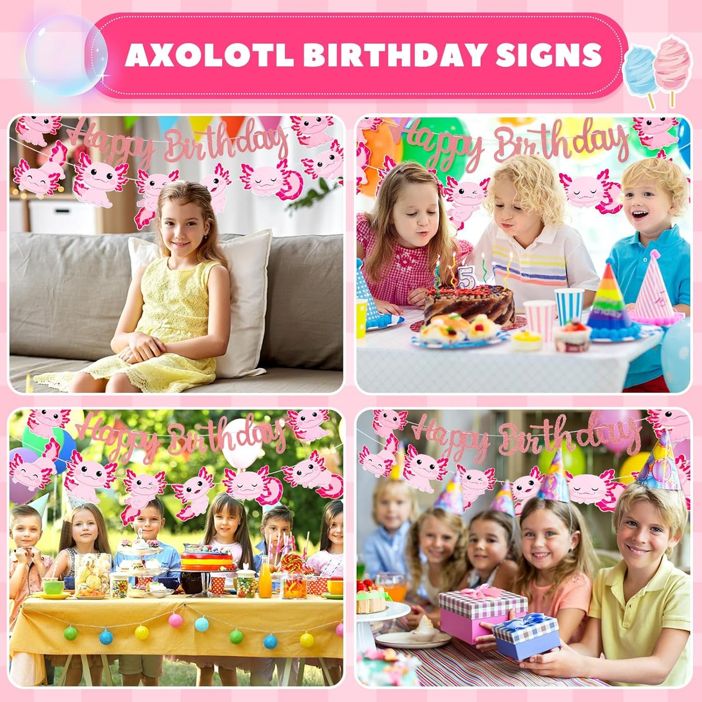 Axolotl Birthday Banner – Pink Ocean Animal Party Garland, 2 Pre-Strung Banners