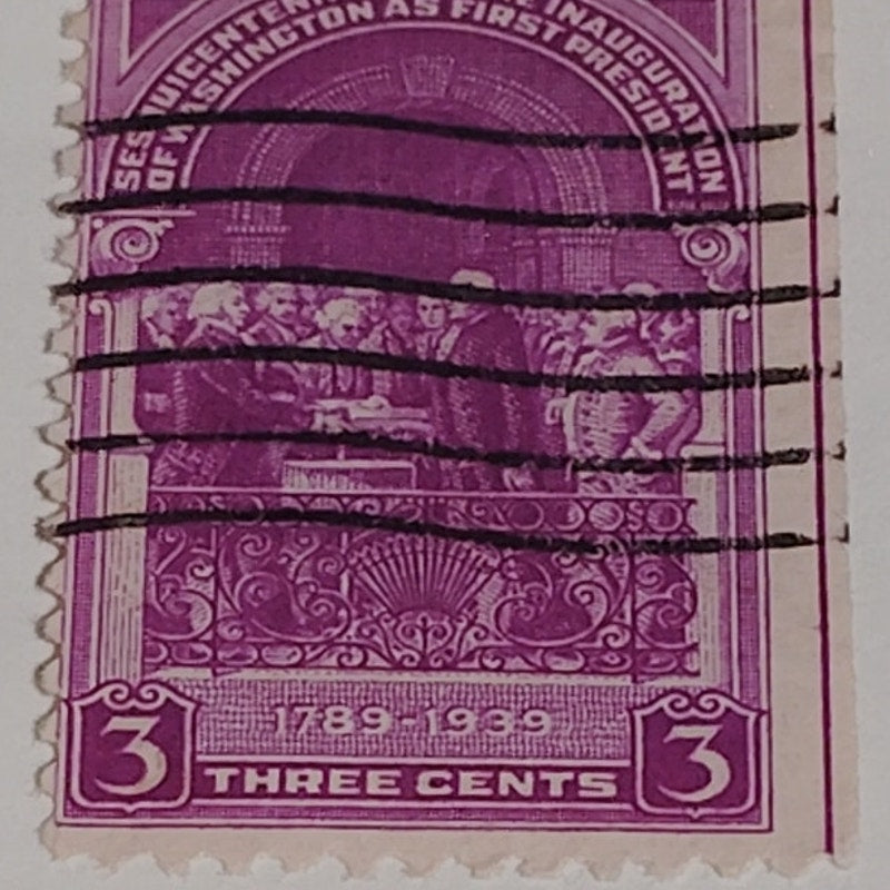1939 3¢ Washington Inauguration Stamp – Scott 854 – Federal Hall – Canceled