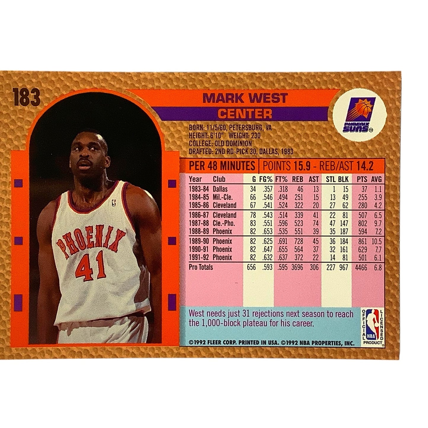 Mark West (C), Card #183, Phoenix Suns, 1992-93 Fleer NBA