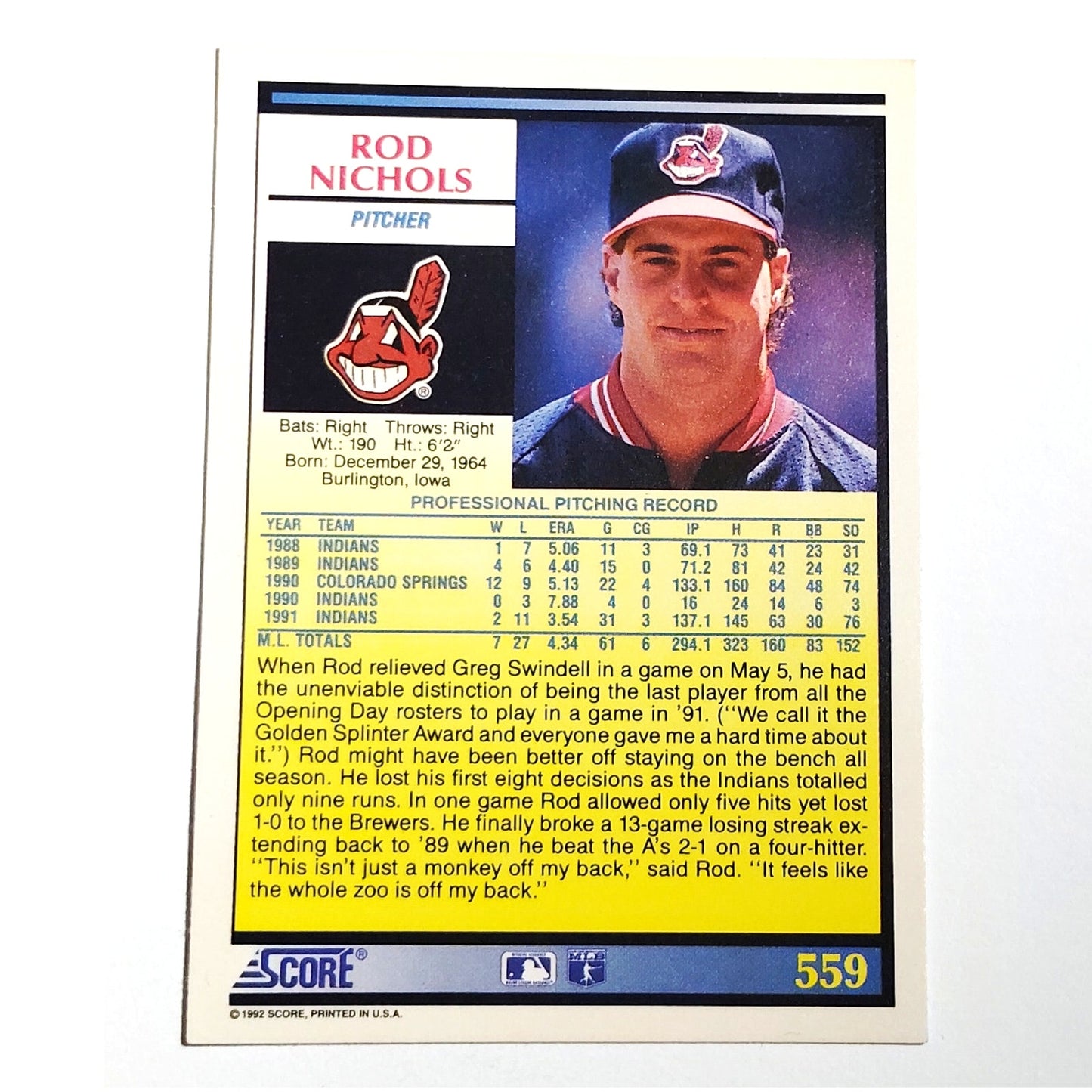 1992 Score Rod Nichols #559 Cleveland Indians Pitcher MLB Baseball NM