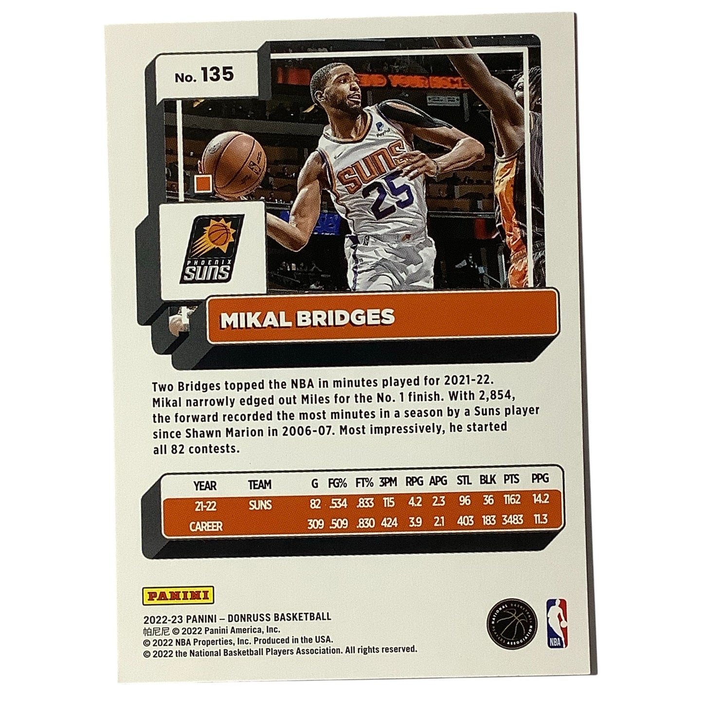 Mikal Bridges, Card #135, Phoenix Suns, 2022-23 NBA Panini Donruss
