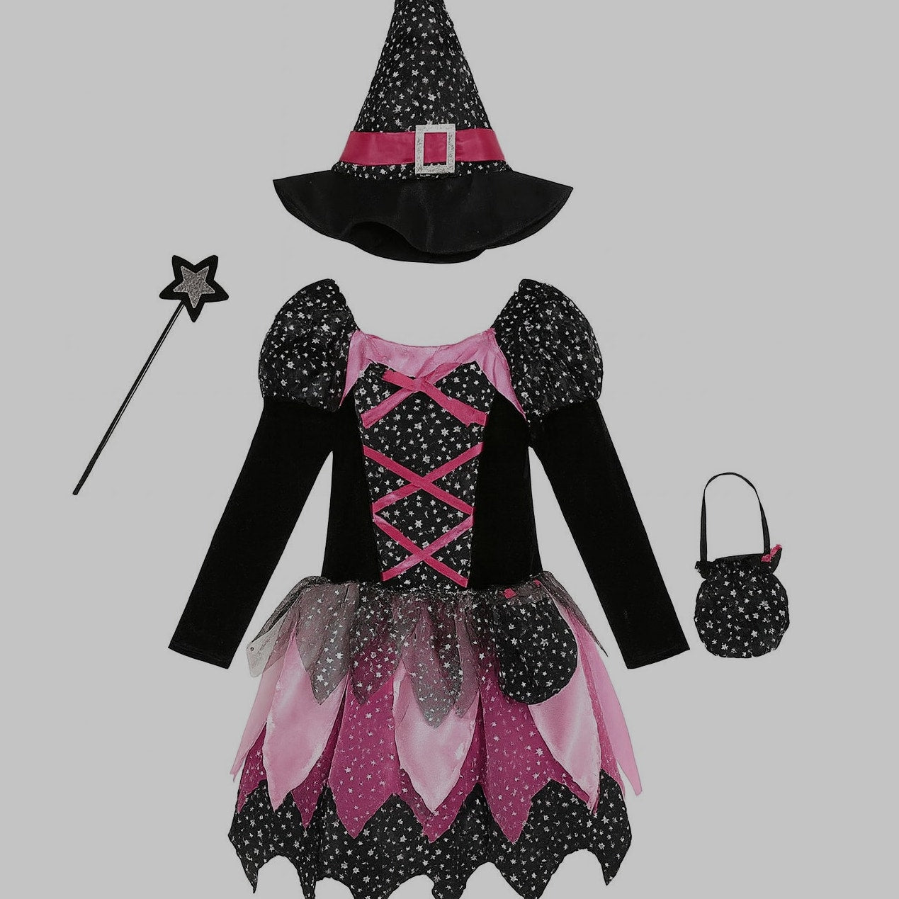 Girls Witch Costume, Cosplay Party Dress with Hat, Wand & Candy Bag, 55–59" Tall