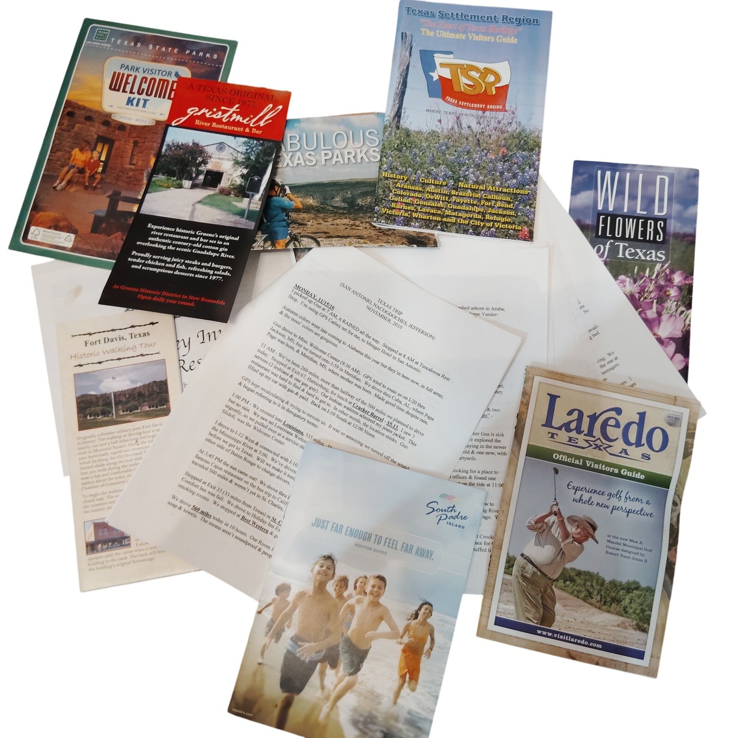 2010 Texas Travel Ephemera Lot, 4 LBS., Maps Guides Brochures + 10‑Page Journal
