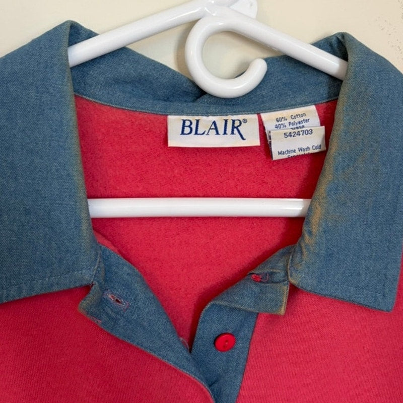 Blair Pink Knit & Blue Denim Pullover Sweatshirt Women's L Cotton Blend