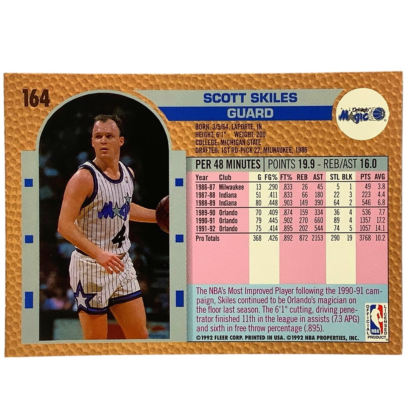 Scott Skiles (G), Card #164, Orlando Magic, 1992-93 Fleer NBA