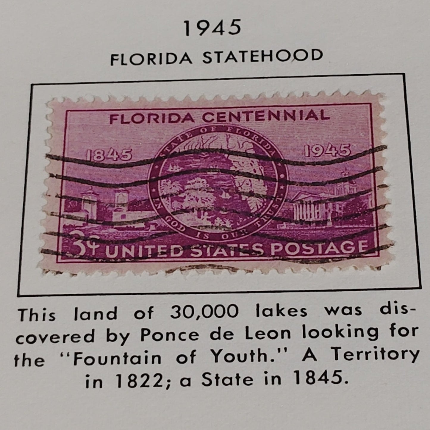 1945 3¢ Florida Statehood Stamp, Scott 908 – Centennial Issue – Seal & Landmarks