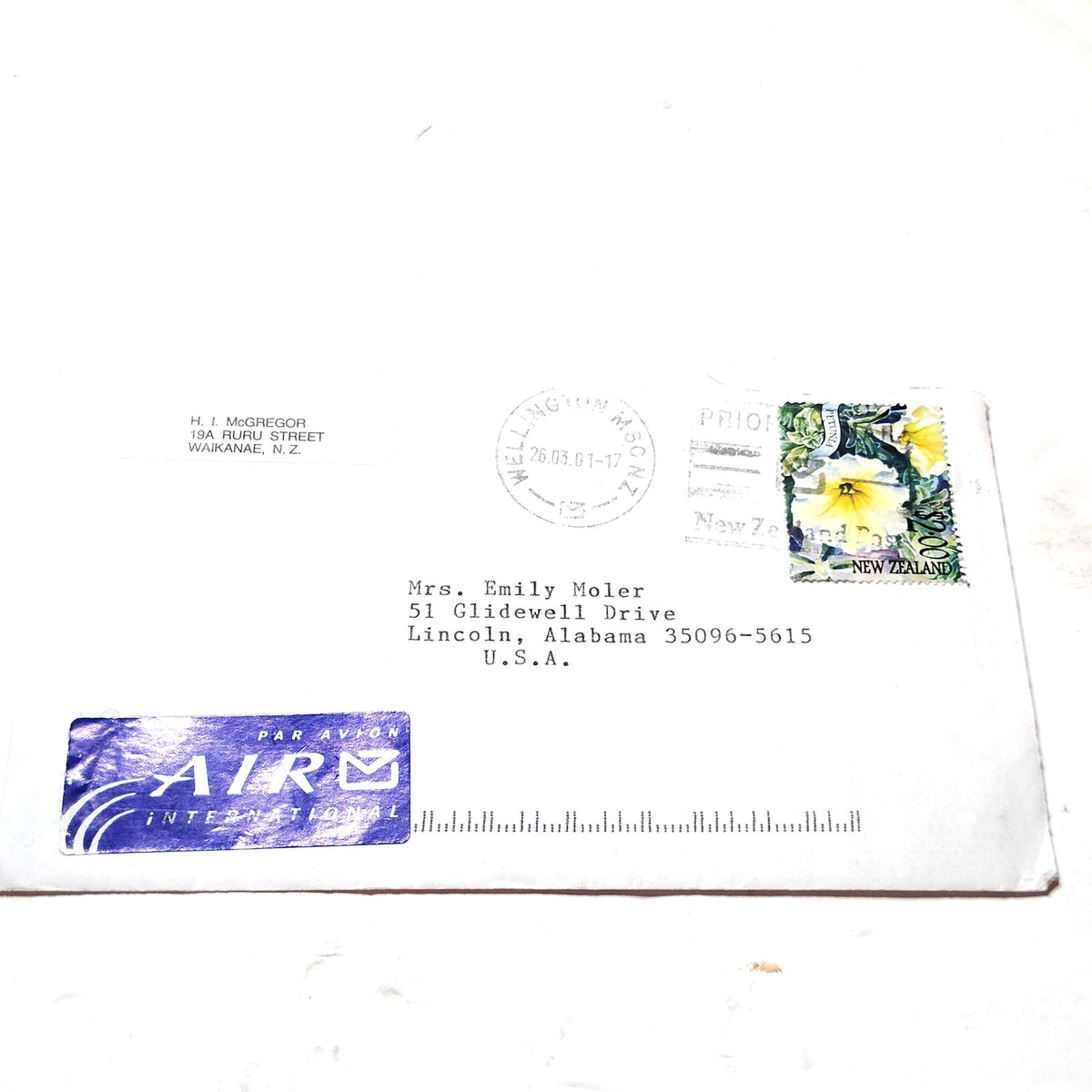 New Zealand 2001 $2.00 Petunia Stamp Cover to US Wellington Airmail Cancel