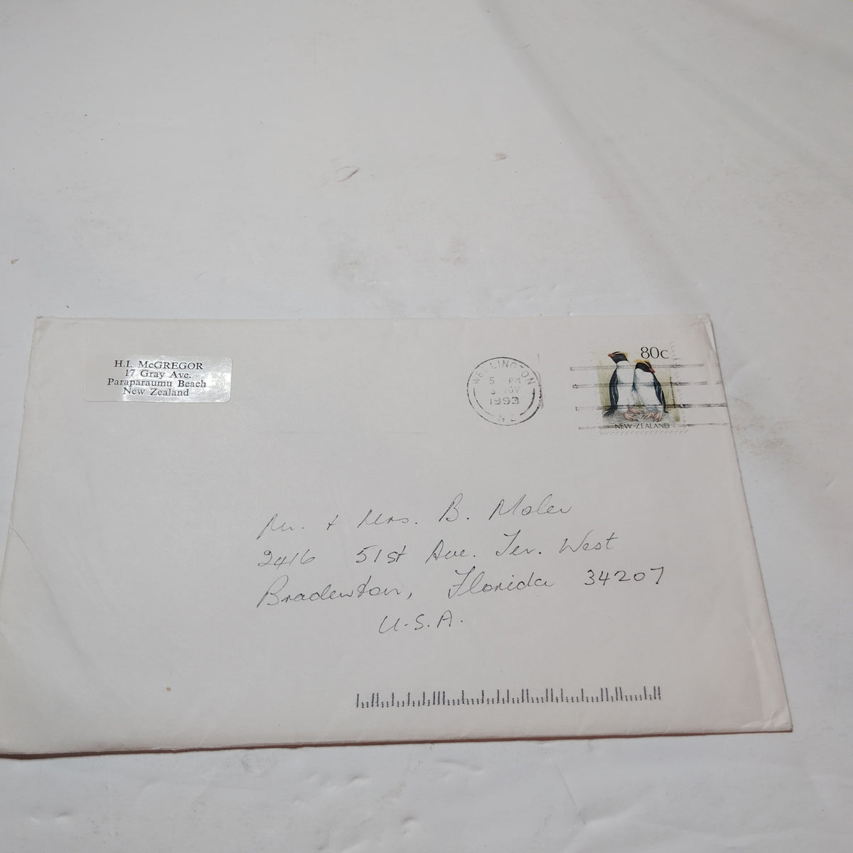 New Zealand 1993 80c Yellow-Eyed Penguin Stamp on Cover Wellington Postmark
