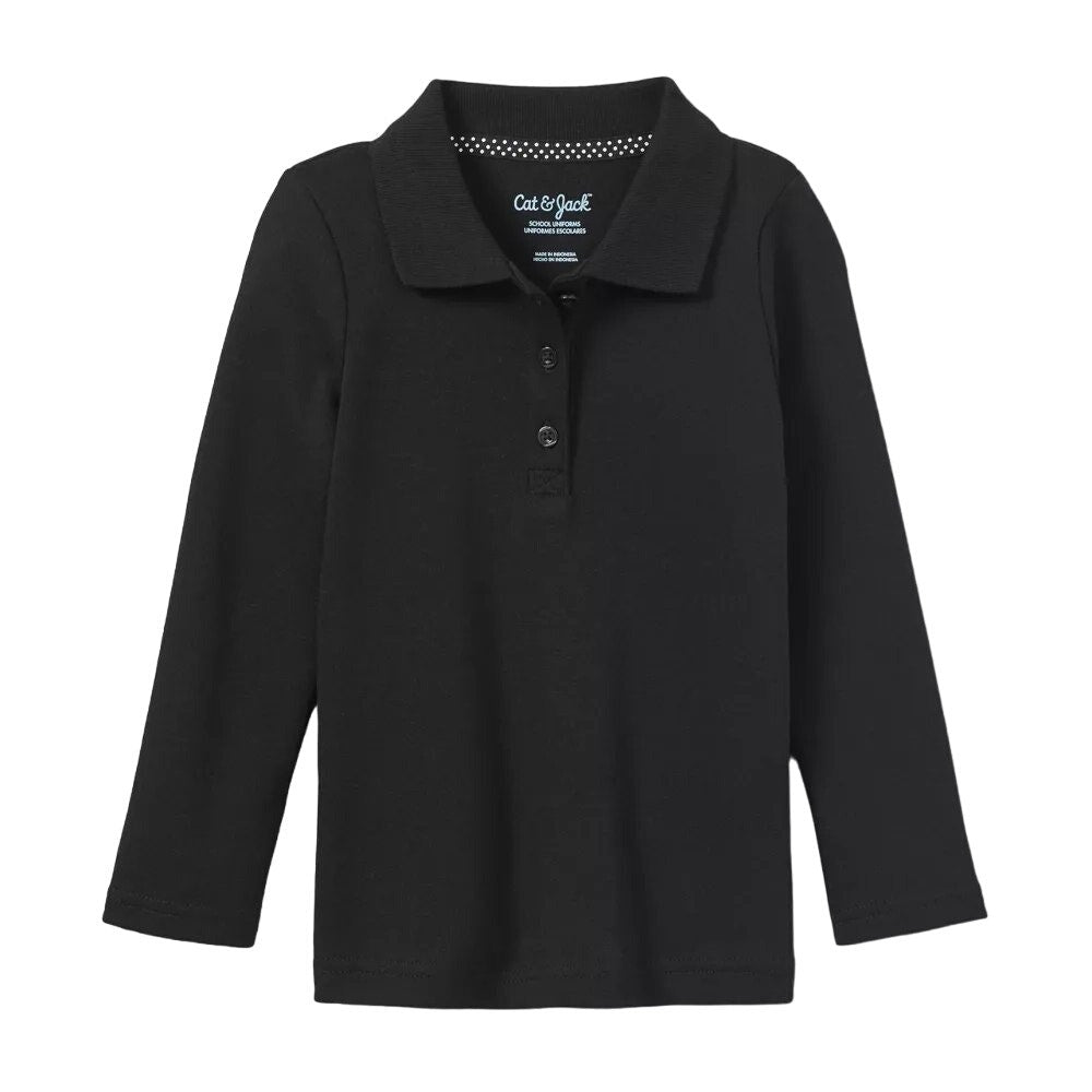 Girls' Small Long Sleeve Interlock Uniform Polo Shirt - Black + Free Shipping