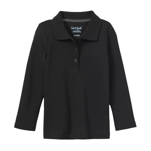 Girls' Small Long Sleeve Interlock Uniform Polo Shirt - Black + Free Shipping