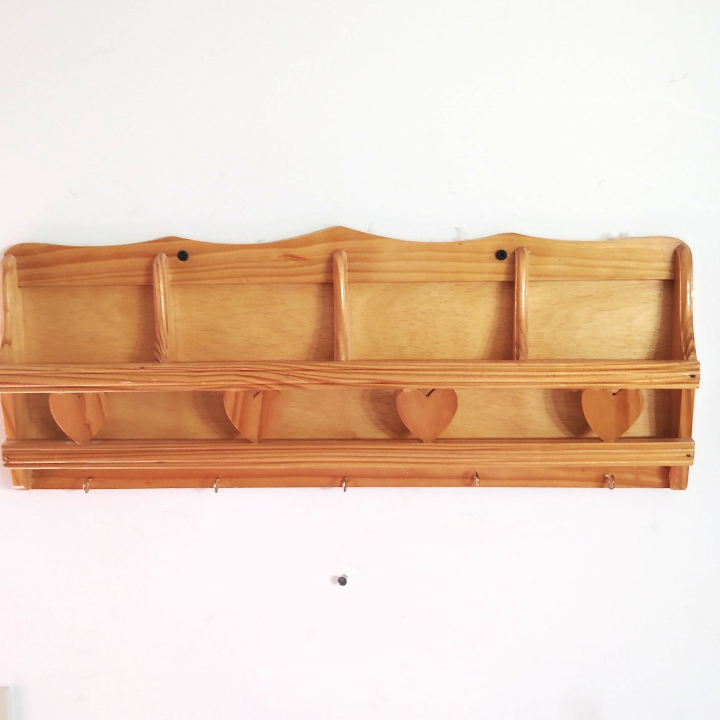 Vintage Country Pine Wall Rack — Letter Slots, Key Hooks & Heart Cutouts