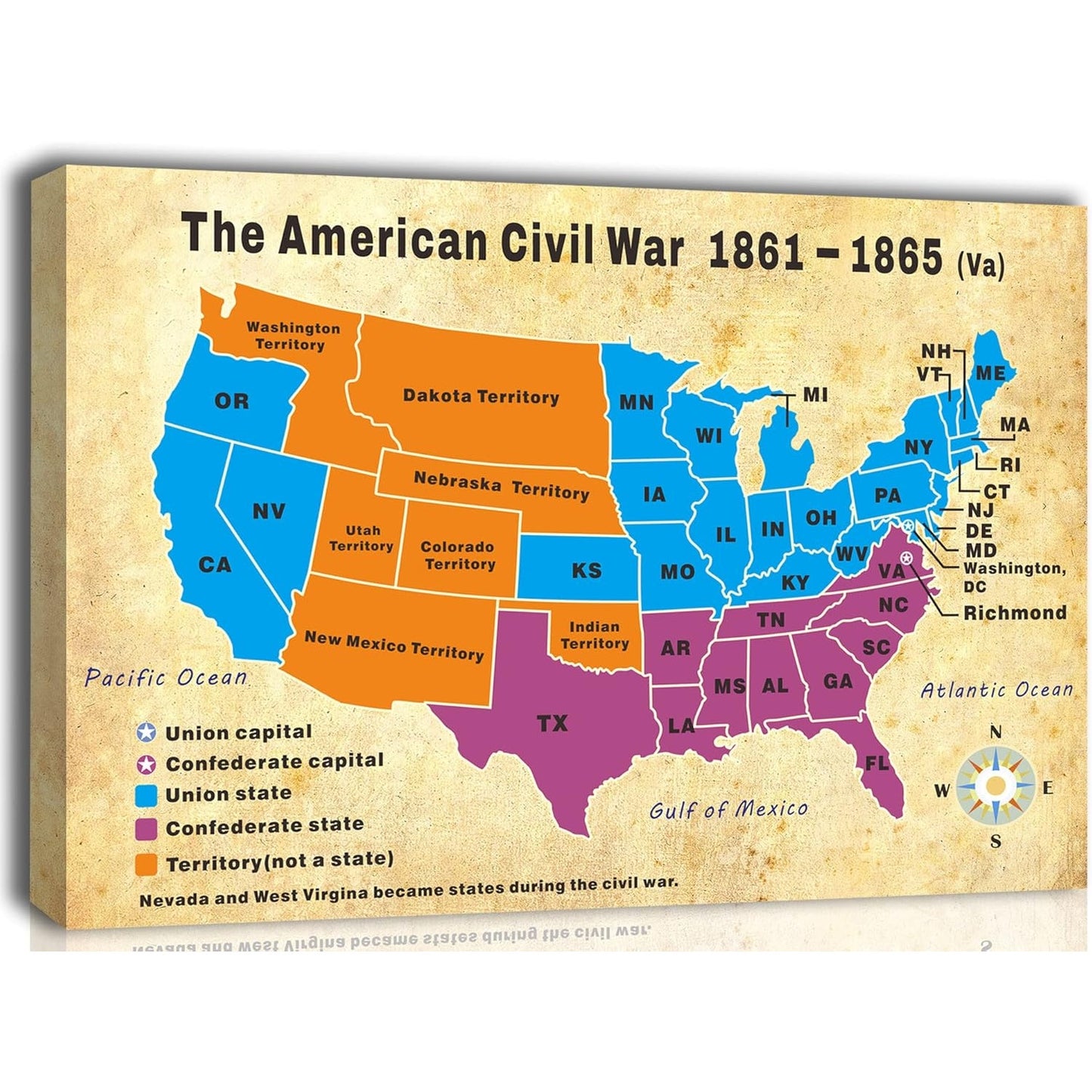 American Civil War Map Canvas Wall Art – 12x16 Framed Poster (1861–1865)