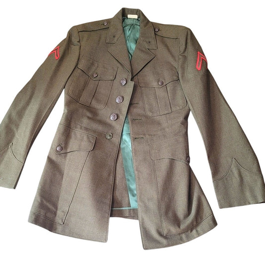 1964 U.S. Army Wool Serge Coat – Size 37L, Red Discharge Chevrons on Sleeves