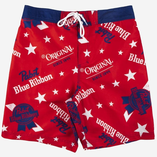 Pabst Blue Ribbon Men’s Elastic Board Swim Shorts – XS – Red