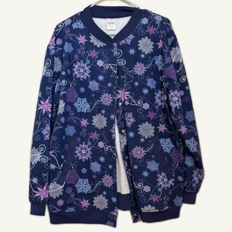 Blair Blue Snowflake Snap Front Fleece Jacket Women's L Winter Cardigan