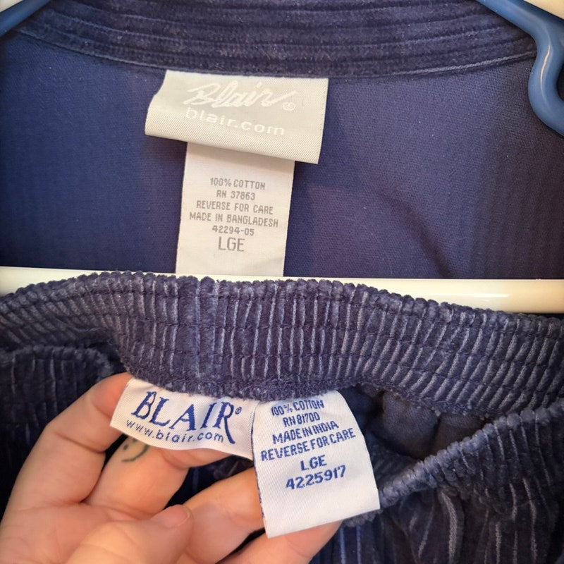 Blair Women's L Navy Corduroy Jacket & Elastic Waist Pants 2-Piece Set