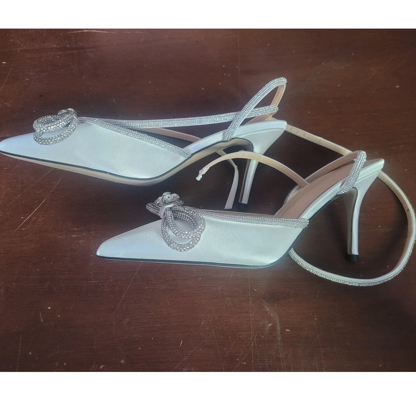 VETASTE Double Bow Crystal Stilettos, Silver, Women’s 9, Pointed Toe Satin Heels