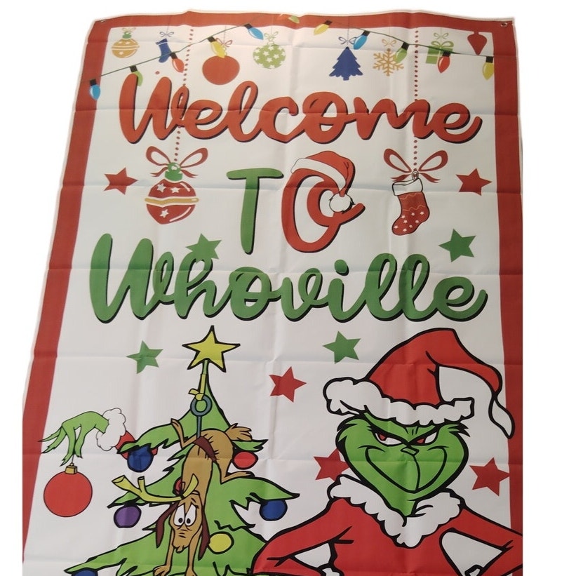 Welcome to Whoville Door Cover 71x35 in Grinch Decor w/ Grommets