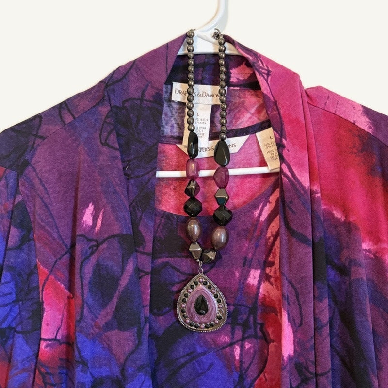Draper's & Damon's Pink Purple Floral 2-Piece Top & Cover Set w/ Necklace L