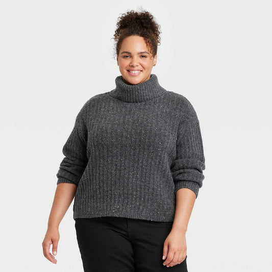 Women’s 2X Mock Turtleneck Cashmere‑Like Pullover Sweater – Dark Gray