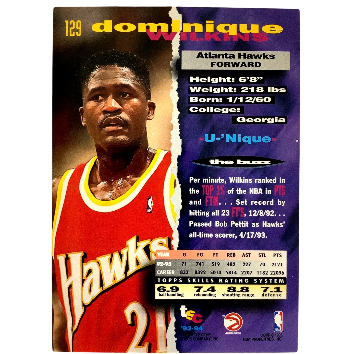 Dominique Wilkins, Hawks, 1993 Topps Stadium Club Collector's Card 129, EXC