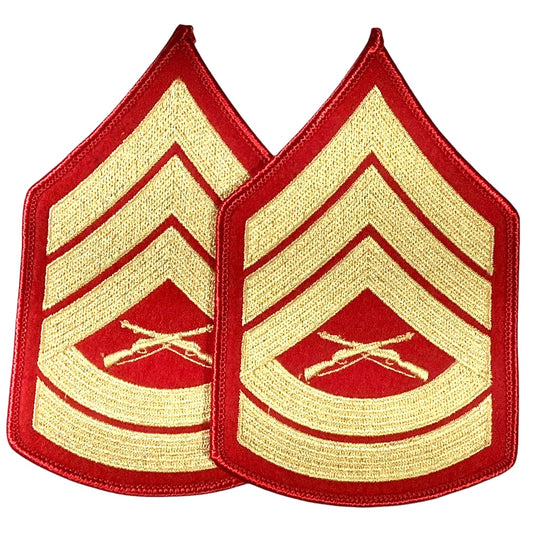 1 Set- USMC Gunnery Sergeant E-7 Gold on Red Embroidered Chevrons, Female