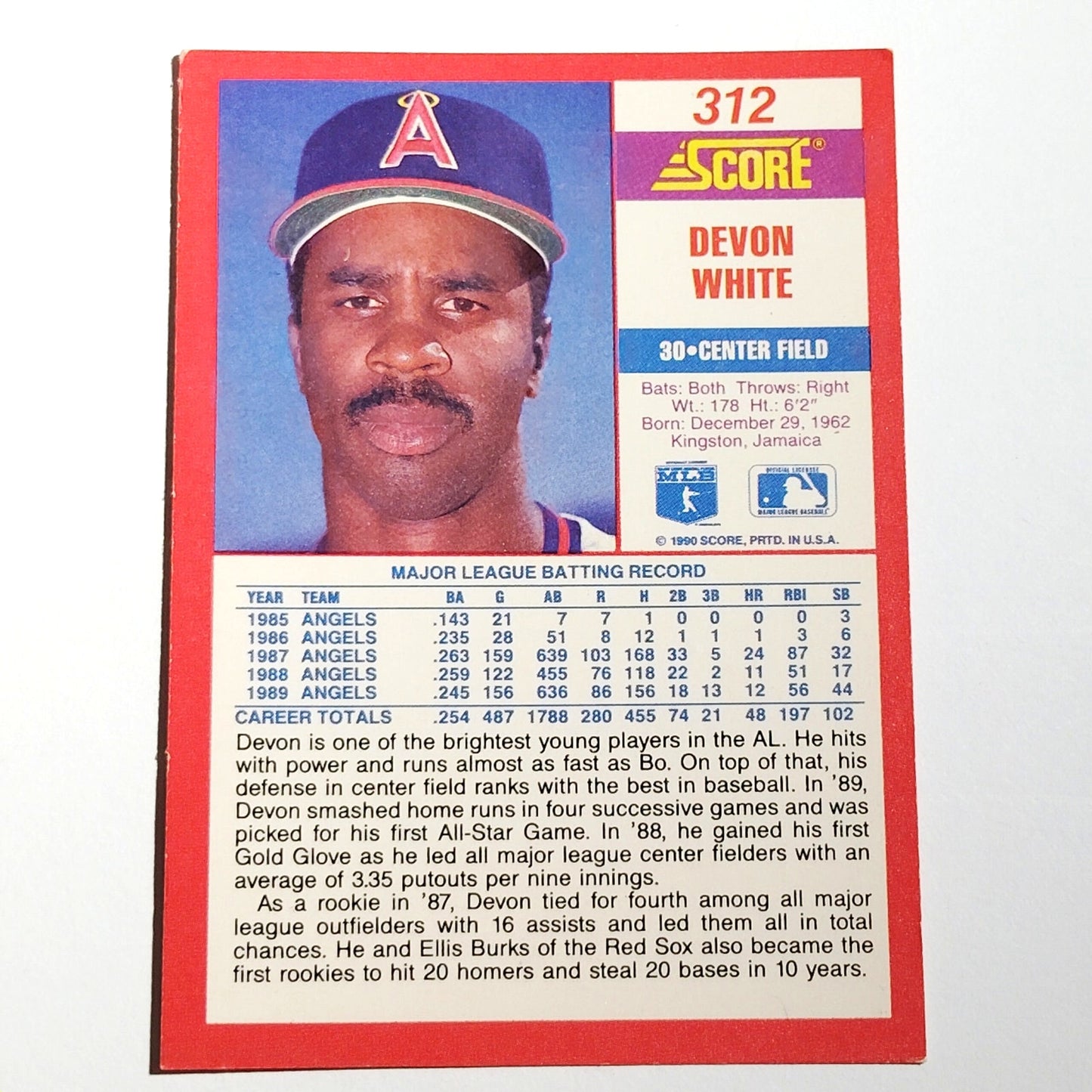 1990 Score Devon White #312 California Angels Center Fielder MLB Baseball EX